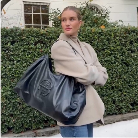 NEW NWT Anine Bing Kate Embossed Large Black Lamb Leather Hobo Shoulder Tote - Picture 3 of 6